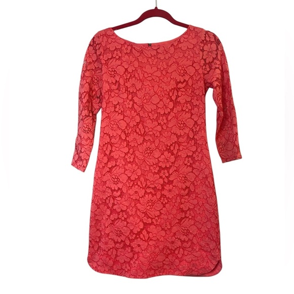 Vince Camuto Coral Pink Floral Lace Crochet 3/4 Sleeve Midi Dress 4 - Picture 7 of 12